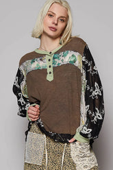POL Button Detail Floral Patchwork Crochet Sleeve Blouse OutfitFlow